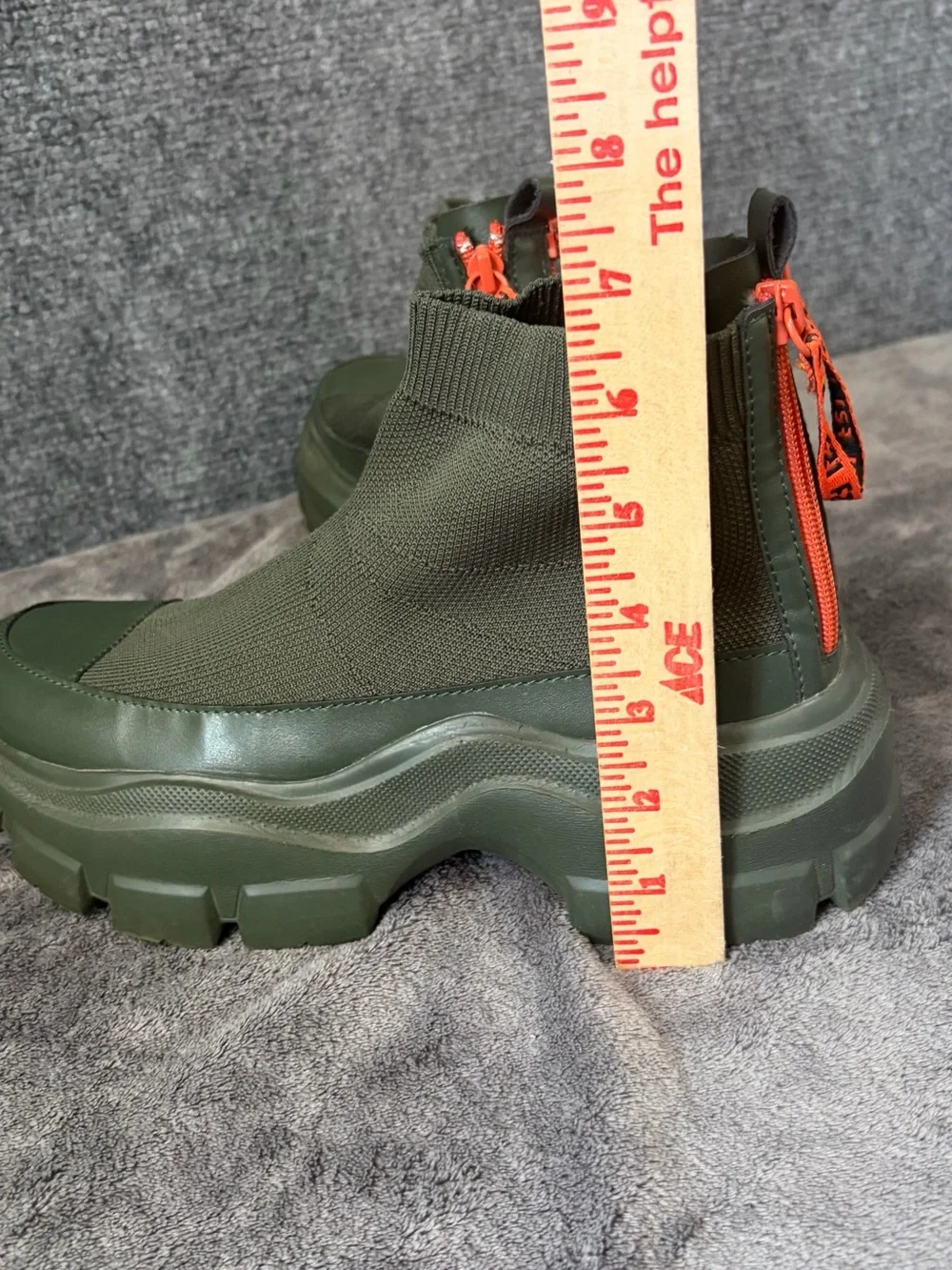 Olive Green Knit Platform Chelsea Boots with Orange Pull Tab Accent Chunky Boot